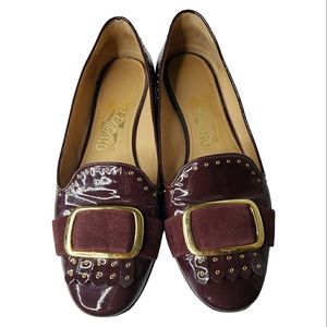 Salvatore Ferragamo Rouge Noir Patent Suede Tassel Buckle Lux Loafer Preppy 7.5